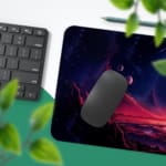 Infidu Space Desk Pad features an alien landscape with a deep purple and red sky, mountains, and visible planets. Desk Pad with Keyboard and Mouse