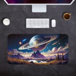 Infidu Space Desk Pad features an alien landscape with mountains, trees, a lake, and large planets on a dark blue night sky background. Desk Mat with a computer in gray background