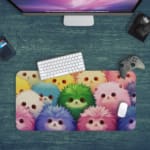 Infidu desk mat with colorful anime cats in pink, blue, and green, adding a vibrant touch to your desk setup. Desk Pad kept on a plain blue background