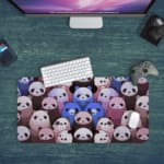 Infidu Bring Panda Playfulness Desk Mat with anime-style pandas, designed by our digital artists. Perfect for adding fun to your desk setup. Desk Pad kept on a plain blue background