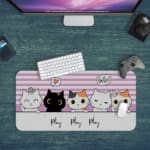 Infidu Bring Cat Magic Desk Mat featuring an anime cat in orange, white, gray, and black, with a violet and white shadow background. Perfect for kids’ desks. Desk Pad kept on a plain blue background