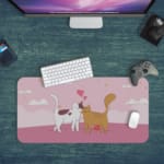 Infidu Bring Cat Magic Desk Mat featuring lovable cats and heart designs on a white background with clouds. Perfect as a desk mat, desk pad, or gaming pad. Desk Pad kept on a plain blue background