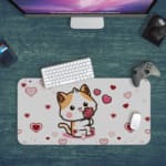 Infidu Bring Cat Magic to Your Desk Mat features a whimsical anime cat design with hearts and flowers on a white and red background Desk Pad kept on a plain blue background