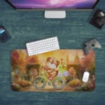 Infidu Teddy Bear Design Desk Pad with a cute teddy bear in orange and green, set against a background of trees and flowers Desk Pad with Keyboard and Mouse