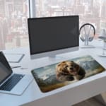 Roaring brown bear with a mountain and sky background on a desk pad, featuring cool blue skies and snow-covered mountains. A computer and laptop are next to the desk pad