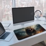 Fierce brown bear with dark forest background desk pad design. A computer and laptop are next to the desk pad