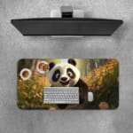 Happy panda with greenery and yellow flowers desk pad, bright and natural design. Desk Pad with Keyboard and Mouse on top of the desk pad