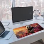 Cute panda on a rock surrounded by pink flowers and a sunset sky with orange, pink, and purple hues. A computer and laptop are next to the desk pad