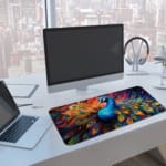 Vibrant peacock with colorful feather tail on a swirling multi-color background desk pad. A computer and laptop are next to the desk pad