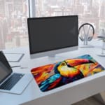 Colorful toucan with a vibrant beak and bright abstract background on a desk pad. A computer and laptop are next to the desk pad