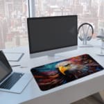 Close-up of an eagle's head with vibrant feathers and a colorful background. A computer and laptop are next to the desk pad