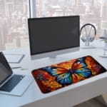 Infidu Blue Butterfly Desk Pad featuring a detailed blue butterfly with intricate wing patterns against a warm-toned floral background. A computer and laptop are next to the desk pad