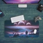 Infidu Space Desk Pad shows a person on a cliff overlooking an alien planet with multiple moons, set against a dark black space background. Desk Pad kept on a green background