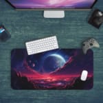 Infidu Space Desk Pad features an alien landscape with a deep purple and red sky, mountains, and visible planets. Desk Mat with a computer green background