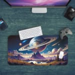 Infidu Space Desk Pad features an alien landscape with mountains, trees, a lake, and large planets on a dark blue night sky background. Desk Mat with a computer in green background