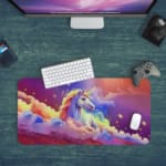 Infidu Unicorn Desk Mat with a colorful background of purple, pink, and blue, featuring a unicorn with a rainbow mane and golden horn. Desk Pad kept on a plain green background