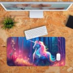 Blue unicorn with a colorful mane in a mystical forest desk mat by Infidu Desk Pad with Design Kept on a computer table