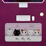 Infidu Bring Cat Magic Desk Mat featuring an anime cat in orange, white, gray, and black, with a violet and white shadow background. Perfect for kids’ desks. Desk Pad in computer table