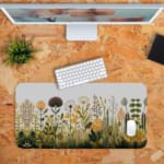 Beige desk mat with wildflowers and plants in yellow, orange, and green, featuring a creative design by digital artists. Desk Pad with Keyboard and Mouse in orange background