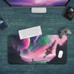 Infidu Space Desk Pad features an abstract alien landscape with geometric rock formations and multiple planets on a pink and green background. Desk Pad kept on a green background