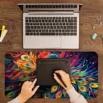 Vibrant peacock with colorful feather tail on a swirling multi-color background desk pad. A writing pad on top of the desk pad