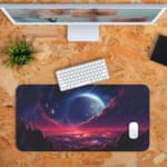 Infidu Space Desk Pad features an alien landscape with a deep purple and red sky, mountains, and visible planets. Desk Mat with a computer orange background