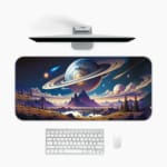 Infidu Space Desk Pad features an alien landscape with mountains, trees, a lake, and large planets on a dark blue night sky background. Desk Mat with a computer