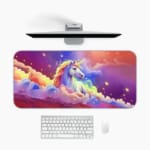 Infidu Unicorn Desk Mat with a colorful background of purple, pink, and blue, featuring a unicorn with a rainbow mane and golden horn. Desk Pad with Design Kept on a computer table