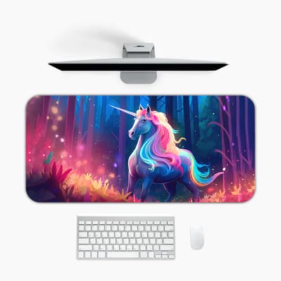 Blue unicorn with a colorful mane in a mystical forest desk mat by Infidu Desk Pad on computer table