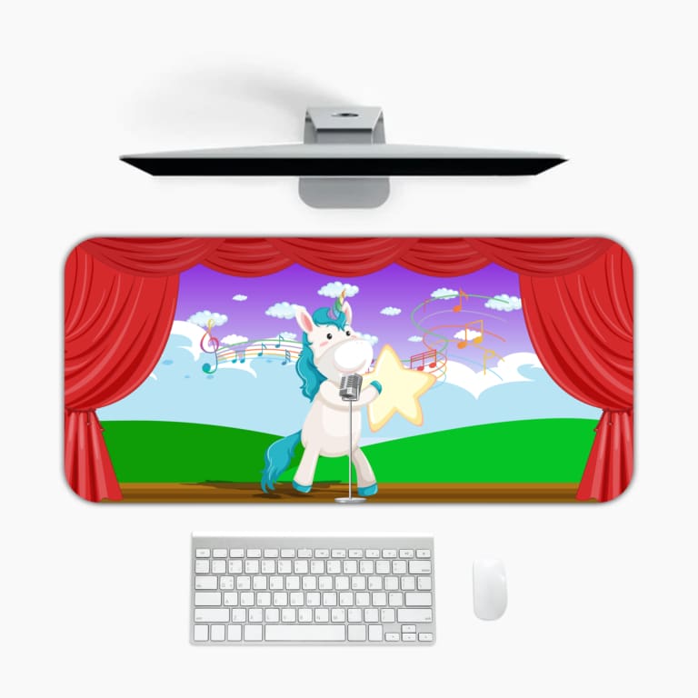 Infidu desk mat featuring a white unicorn with a blue sky and clouds background, showcasing a unique anime design. Perfect for any desk setup. Desk Pad in computer table