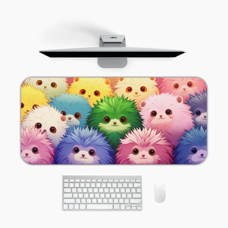 Infidu desk mat with colorful anime cats in pink, blue, and green, adding a vibrant touch to your desk setup. Design Kept on a computer table