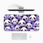 Infidu Bring Panda Playfulness Desk Mat featuring black and white pandas on a violet background, designed uniquely by our digital artists. Design Kept on a computer table