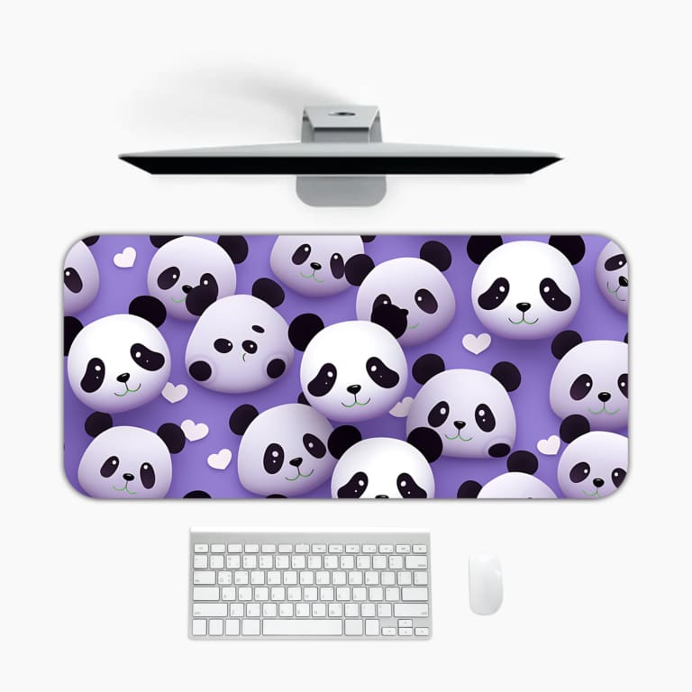 Infidu Bring Panda Playfulness Desk Mat featuring black and white pandas on a violet background, designed uniquely by our digital artists. Design Kept on a computer table