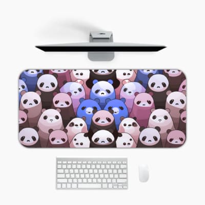 Infidu Bring Panda Playfulness Desk Mat with anime-style pandas, designed by our digital artists. Perfect for adding fun to your desk setup. Design Kept on a computer table