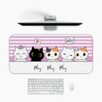 Infidu Bring Cat Magic Desk Mat featuring an anime cat in orange, white, gray, and black, with a violet and white shadow background. Perfect for kids’ desks. Desk Pad in computer table