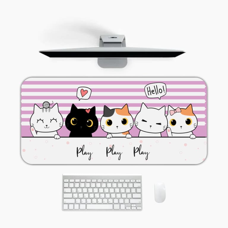 Infidu Bring Cat Magic Desk Mat featuring an anime cat in orange, white, gray, and black, with a violet and white shadow background. Perfect for kids’ desks. Desk Pad in computer table