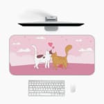 Infidu Bring Cat Magic Desk Mat featuring lovable cats and heart designs on a white background with clouds. Perfect as a desk mat, desk pad, or gaming pad. Desk Mat with an Apple Computer