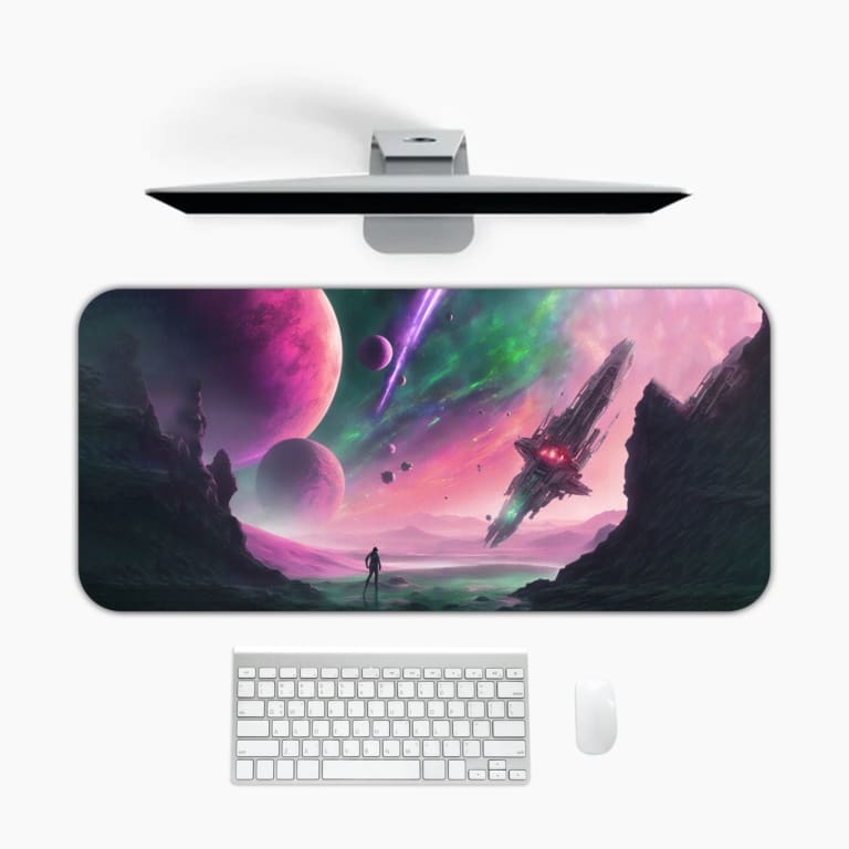 Infidu Space Desk Pad features an abstract alien landscape with geometric rock formations and multiple planets on a pink and green background. Desk Mat with a computer