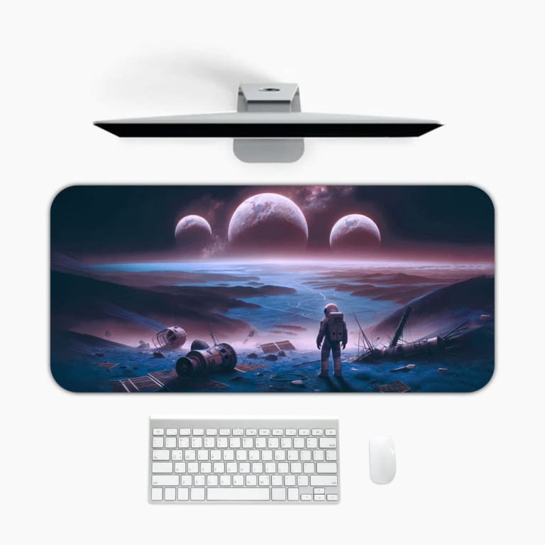 Infidu Space Desk Pad shows a person on a cliff overlooking an alien planet with multiple moons, set against a dark black space background. Desk Mat with a computer