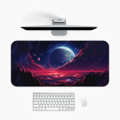 Infidu Space Desk Pad features an alien landscape with a deep purple and red sky, mountains, and visible planets. Desk Pad kept on a plain white background