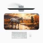 A white horse standing in a stream with a natural backdrop of golden-orange trees, mountains, and a sunset sky on a desk pad. A desk pad under the computer