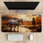 A white horse standing in a stream with a natural backdrop of golden-orange trees, mountains, and a sunset sky on a desk pad. desk pad kept on the table