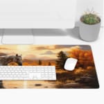 A white horse standing in a stream with a natural backdrop of golden-orange trees, mountains, and a sunset sky on a desk pad. Desk Pad with Keyboard and Mouse on top of the desk pad