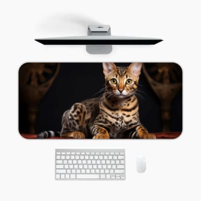 Striped cat with light brown and black fur on a dark background. Elegant and detailed design, high-quality desk pad. A desk pad under the computer