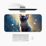 Cute white cat with blue eyes on a dreamy background with light blue and teal colors, glowing particles, and tall grass. A desk pad under the computer