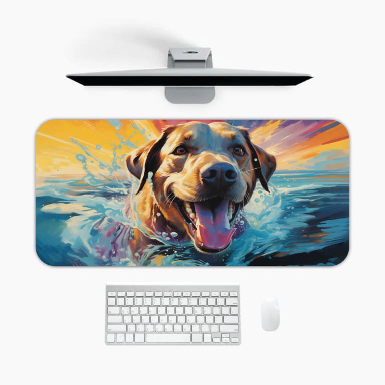 A Light brown dog playing in the water with a blue and white background and splashes of brown and orange. A desk pad under the computer