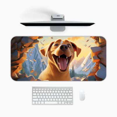 Cartoon-style happy dog with a blue, icy background and rocky brown edges on a desk pad. A desk pad under the computer