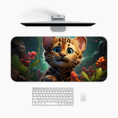 A Cute animated-style kitten with orange-brown fur and blue eyes in a magical forest background with glowing flowers. A desk pad under the computer