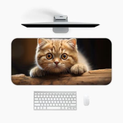 A cute light brown kitten resting on a wooden surface, with wide eyes and a dark background. A desk pad under the computer