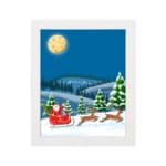 Santa Claus in a red sleigh with reindeer flying through a snowy winter landscape under a full moon. displayed on the plain white background